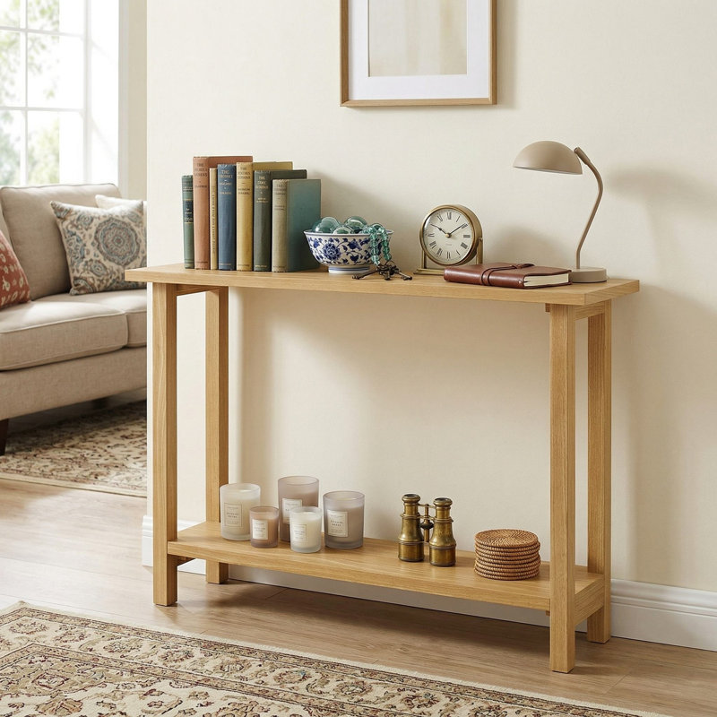 Console en bois massif durable de 47 pouces avec structure en teck naturel et tablette de rangement spacieuse pour le vestibule du salon d'entrée
