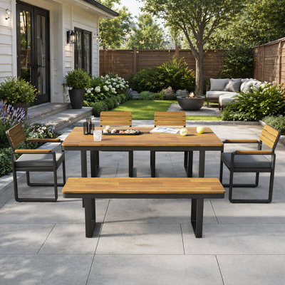 6-Piece Acacia Wood Outdoor Dining Set with Comfortable Cushions, Adjustable Feet, and Durable Construction for Patio and Garden Gatherings