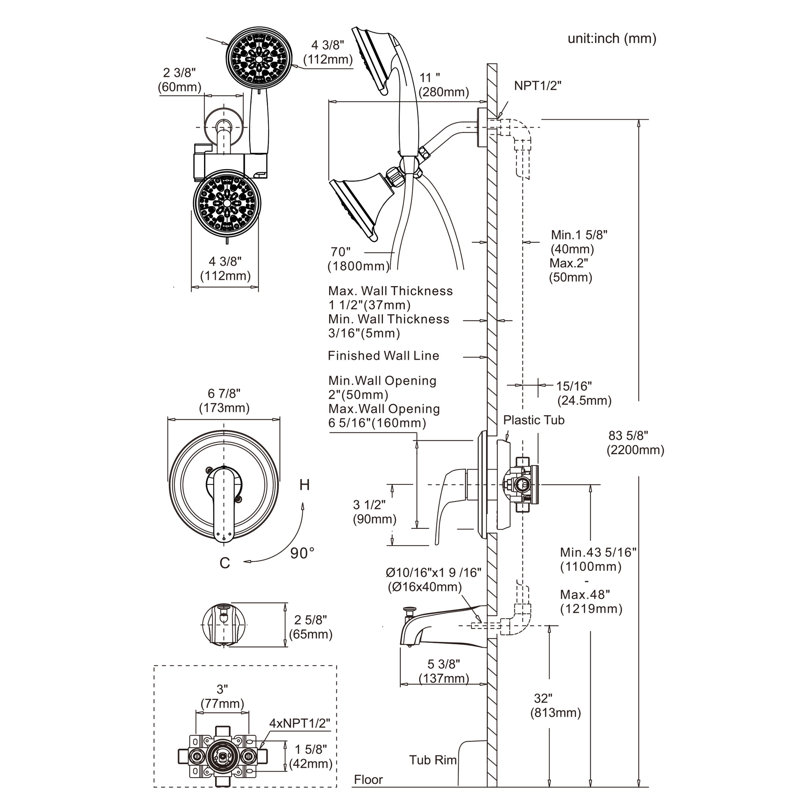 Round Single Lever 7-Function Showerhead With 1.8 GPM Flow Rate, Tub And Shower Mixer Faucet In Brushed Nickel