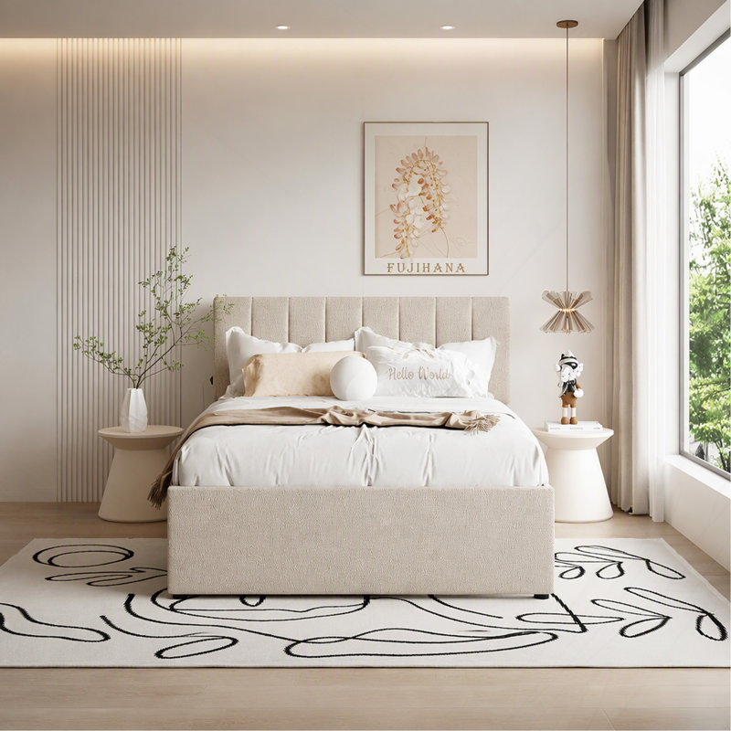 Lit plateforme tapissier double Teddy, Beige