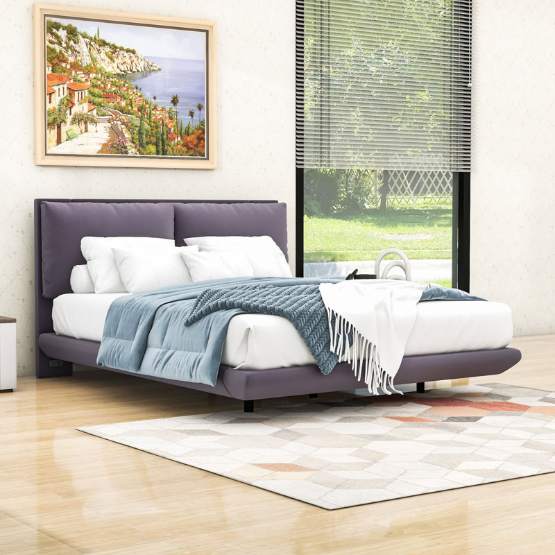 Queen Size Upholstered Platform Bed with Motion Sensor Lighting and Built-In Charging Station, Gray