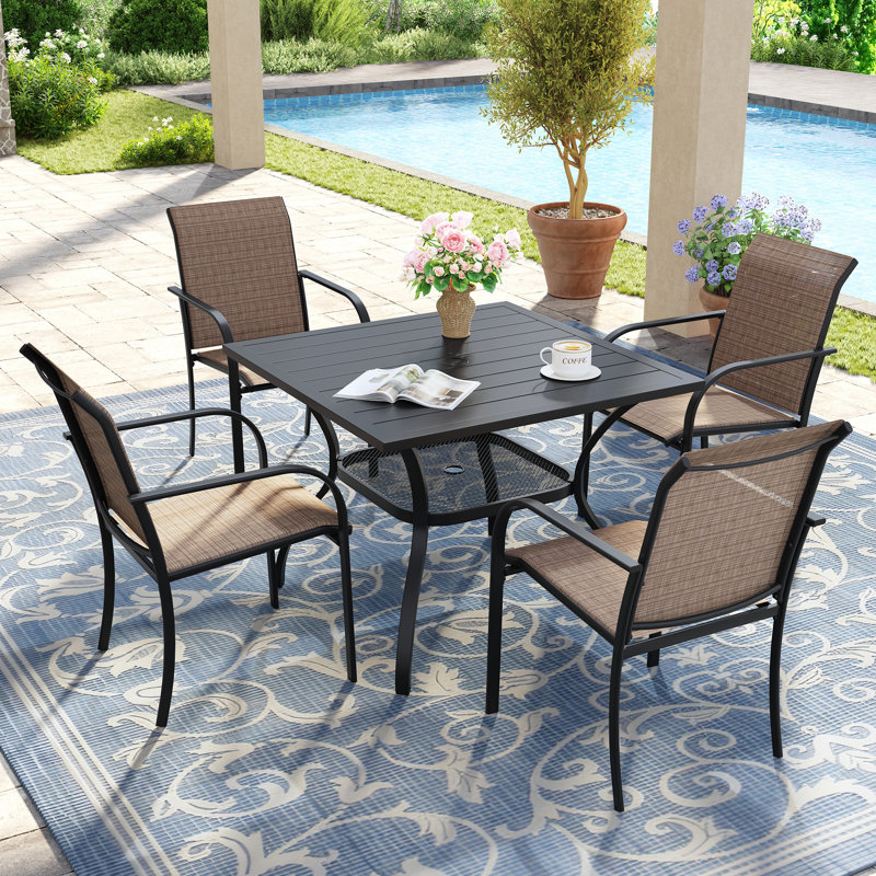 4-Person Square Patio Dining Set With Stackable PVC-coated polyester Chairs, Brown/Black