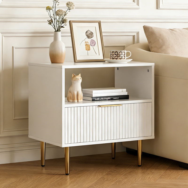 Nightstand With Drawer, End Table With Storage, Bed Side Table With Open Space For Bedroom, Modern Nightstand With Golden Handle, Side Night Stand For Bedroom, Living Room