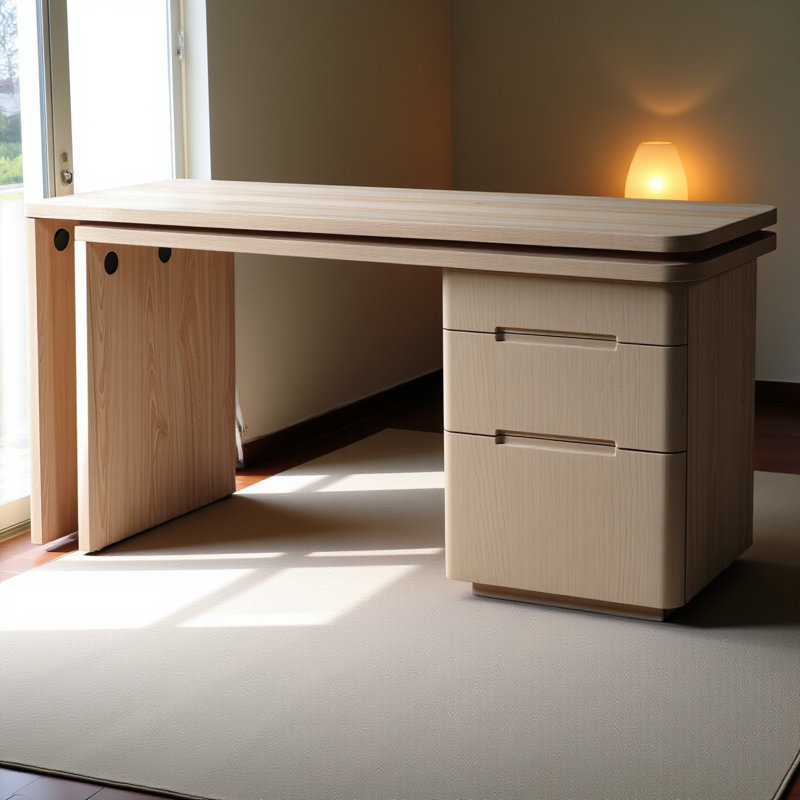 Bureau moderne en L 90 po en bois naturel avec 3 tiroirs, bureau pivotant à 360 ° en bois, bureau de direction, bureau d'angle, poste de travail pour bureau à domicile ou salon