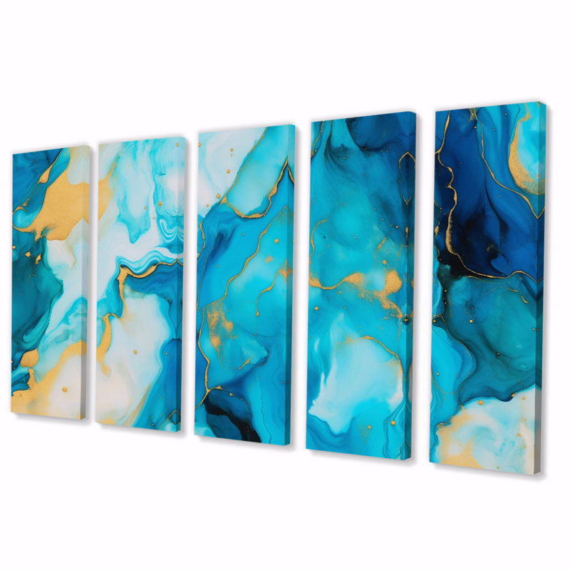 Turquoise luxueux, art abstrait fluide IV - reproduction sur toile abstraite - 5 panneaux égaux