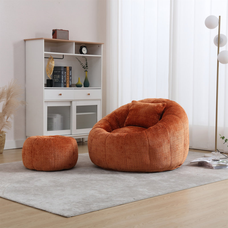 Fauteuil à billes moderne avec repose-pieds, coussin, Chenille orange