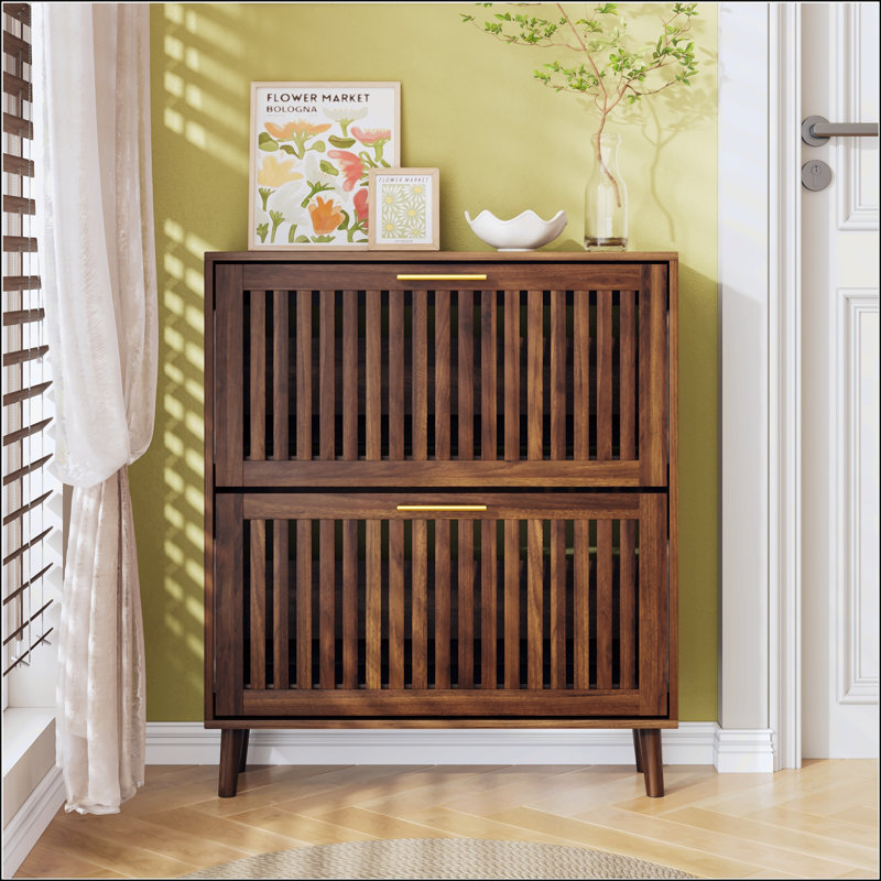 31.5-Inch Walnut Shoe Storage Cabinet With 2 Flip Drawers, Farmhouse Design For Corridors And Entrances