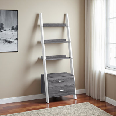 Akanksha Bookcase with 5 Ladder Shelves in White/Gray Finish, 68.84" H X 25.31" W X 16.52" D