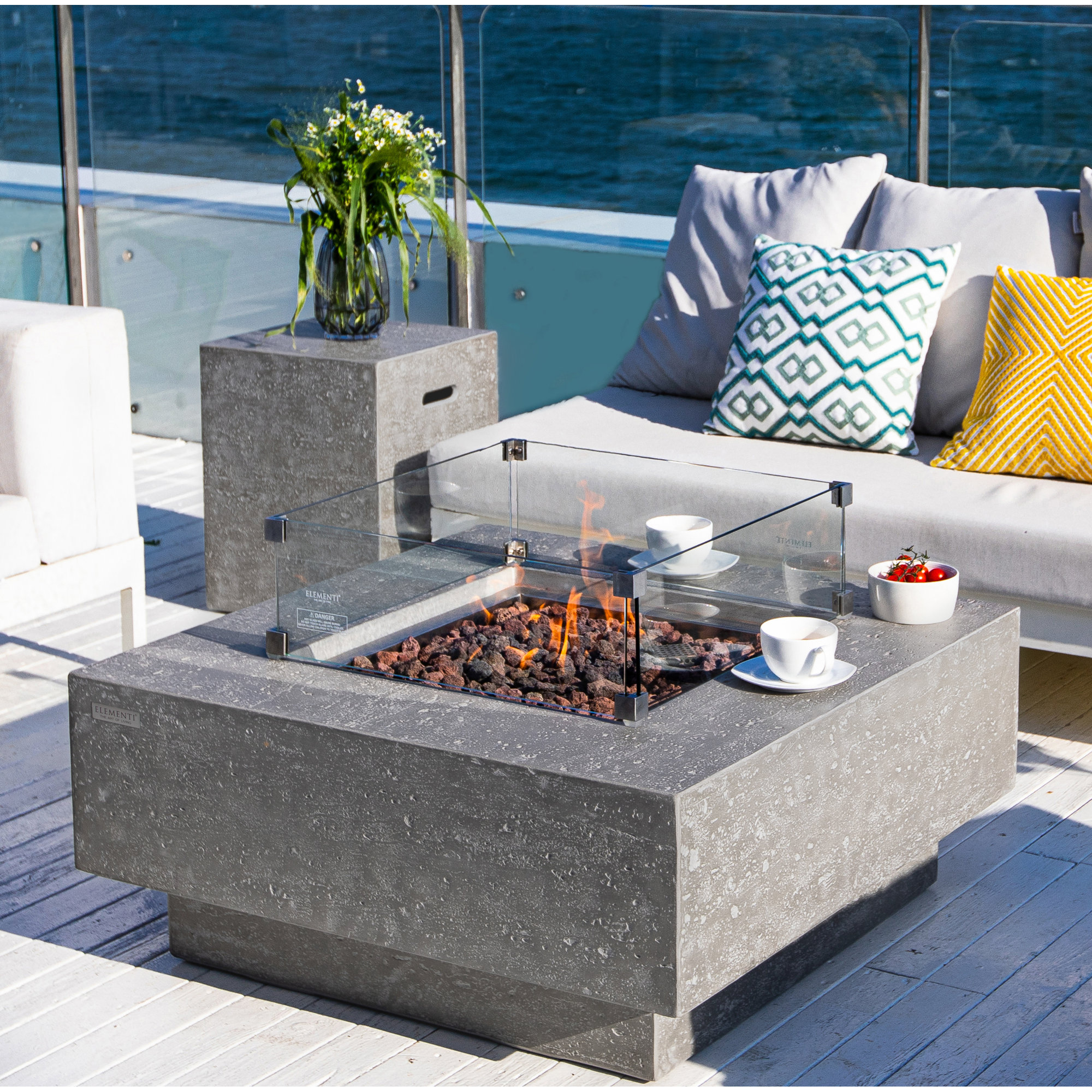 Manhattan 36" Outdoor Concrete Fire Table 45,000 BTU - Includes Lava Rocks & PVC Cover, Light Gray, Propane