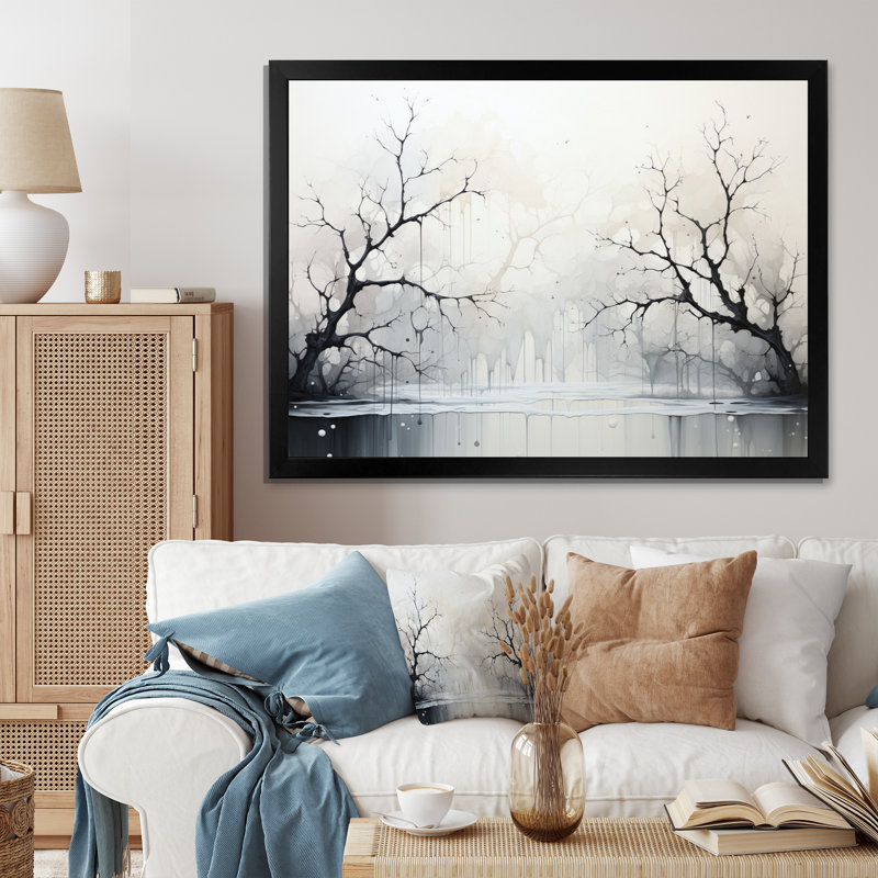 Minimalisme monochrome sérénité rivière sur toile, H 24 po x l 32 po x P 1 po, Cadre simple noir