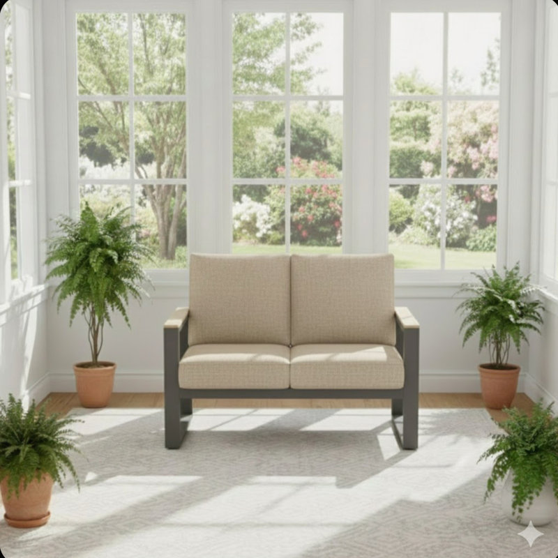 52 Inch All-Weather Aluminum Patio Loveseat Sofa with Thick Beige Cushions for Year-Round Outdoor Comfort and Durability