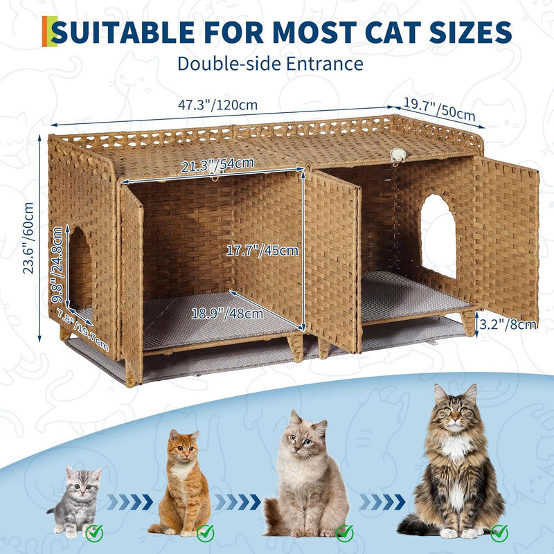 Enceinte double 47,2 "en rotin pour 2 chats avec tapis et crochets amovibles, maisonnette cachée pour chat, salon, chambre à coucher