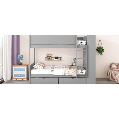 Lit superposé double pleine grandeur en gris - 2 tiroirs et armoire à plusieurs couches pour un espace de rangement supplémentaire qui rehausse l'apparence de votre chambre à coucher, structure en bois massif et sommeil confortable