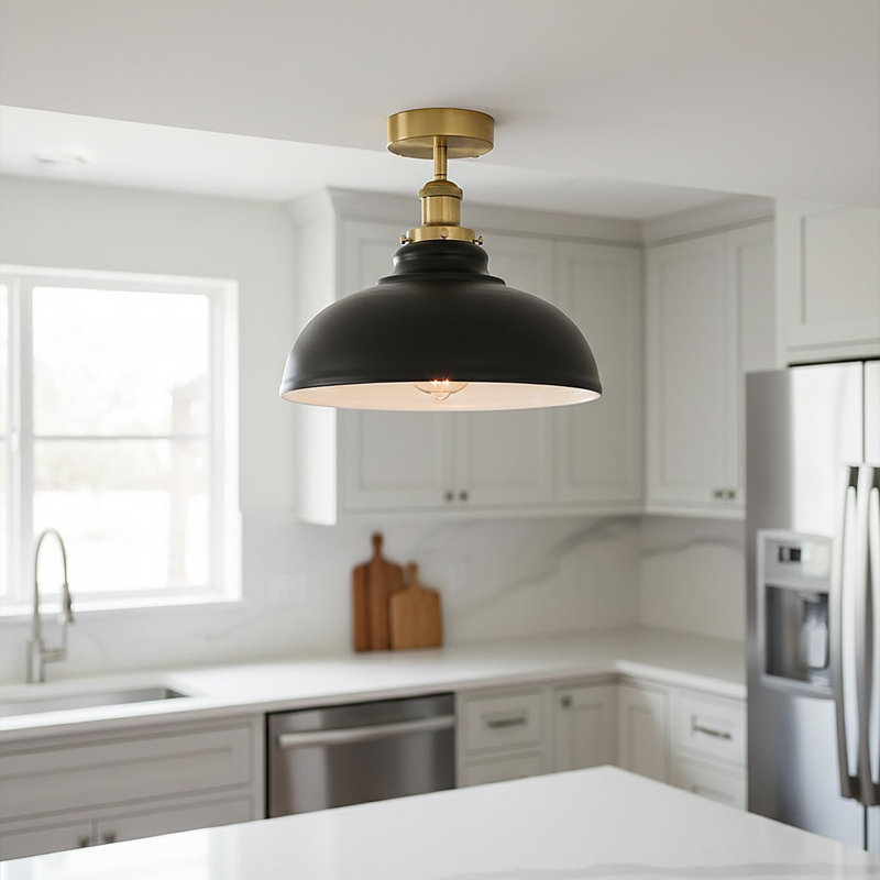 Plafonnier semi-encastré avec abat-jour en métal Curvy, Noir intérieur blanc