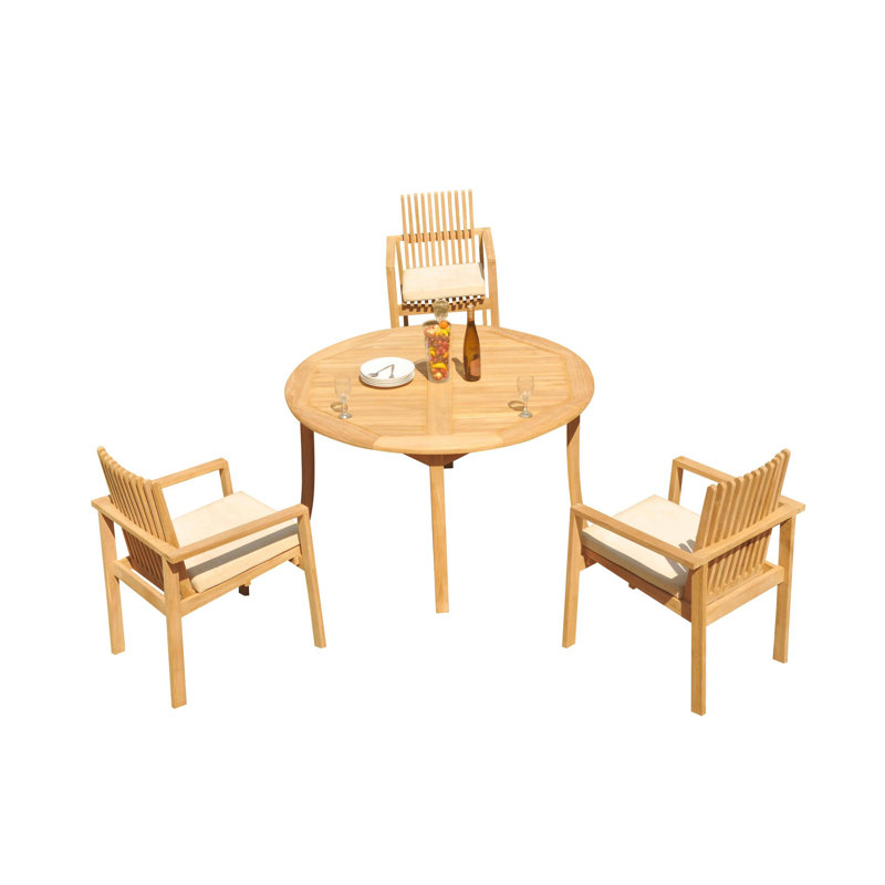 Natural Teak 4-Seater Round Outdoor Dining Set with Cushions
