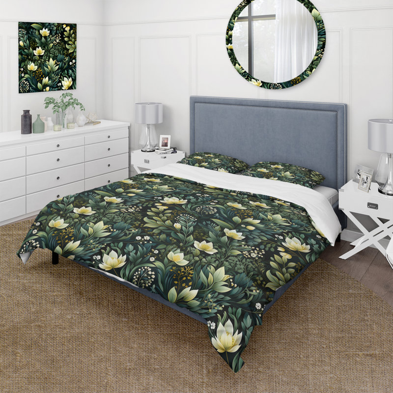 Green Forest Botanical Pattern I - Ensemble de housse de couette botanique, Housse de couette simple + 1 taie décorative stan