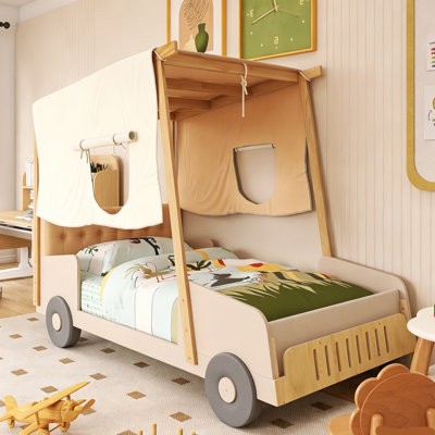 Wood Frame Twin Size Car Bed With Pillow, Ceiling Cloth