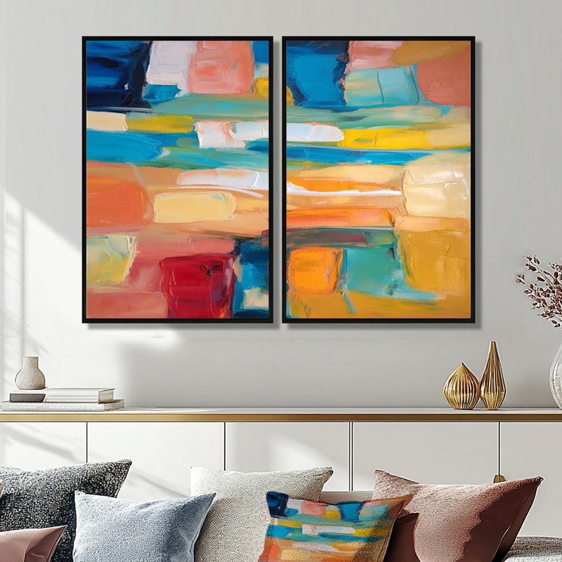 «Clete Vibrant Cubist Colourfields» - art mural moderne bleu, Noir, H 36 po x l 48 po, Reproduction avec cadre flottant