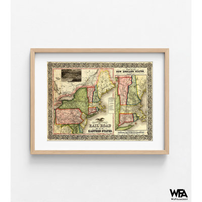 Chemin de fer carte des États de l'Est et de la Nouvelle-Angleterre en 1856, histoire de chemin de fer, affiche, Art mural rustique de l'est des États-Unis, train, affiche