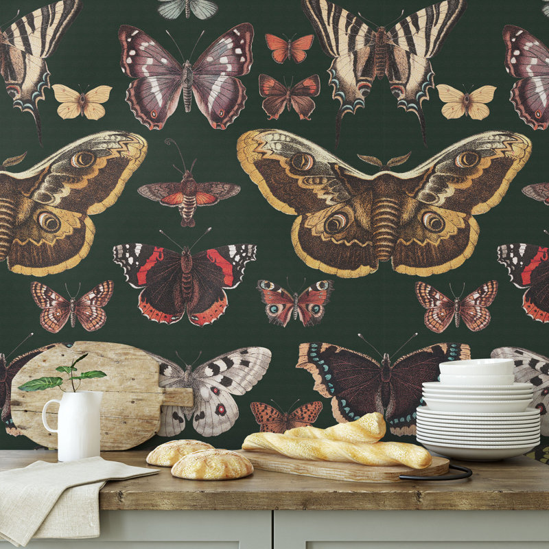 Butterfly Wallpaper Dark Green, Vintage Botanical Moths, Entomology Wall Decor