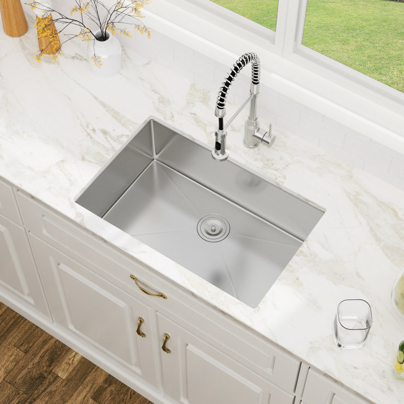 Évier de cuisine encastré à simple cuve en acier inoxydable brossé avec ensemble de drain l 28 po x L 18 po x H 9 po