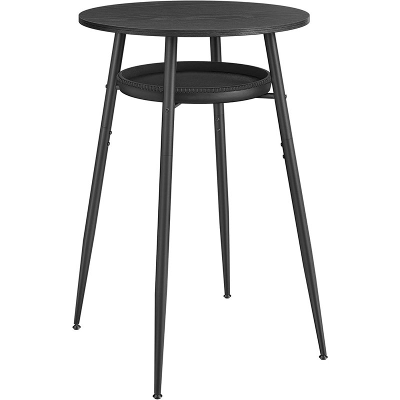 Table de bar avec rangement, table de pub ronde haute, cuir synthétique avec coutures, Mid-Century moderne, bar pour la maison, salon, assemblage facile, noir ébène et noir encre