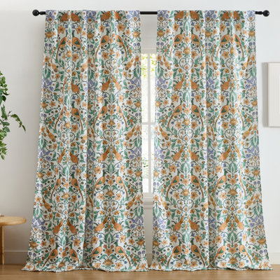 HLC.ME Florence Floral & Birds Patterned Window Back Tab Rod Pocket Curtains Bedroom - Light Blocking Darkening Window Panels, Set of 2 (Buttermere Yellow Gold, 52 W x 96 L)