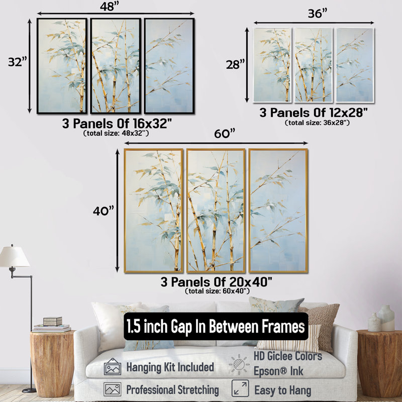 «Blue Zen Moment Bamboo», ensemble de reproductions d'art mural en bambou, H 32 po x l 48 po x P 1 po, Encadrement argenté
