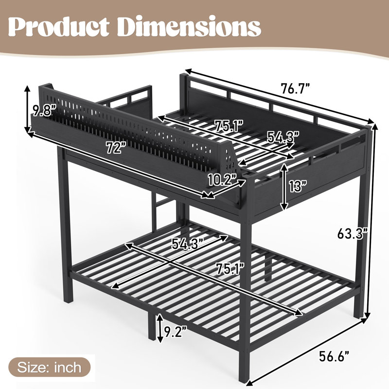 Lit superposé double en métal avec tablettes de rangement, panneau perforé, ports USB et lumières DEL, Full / Double, Black