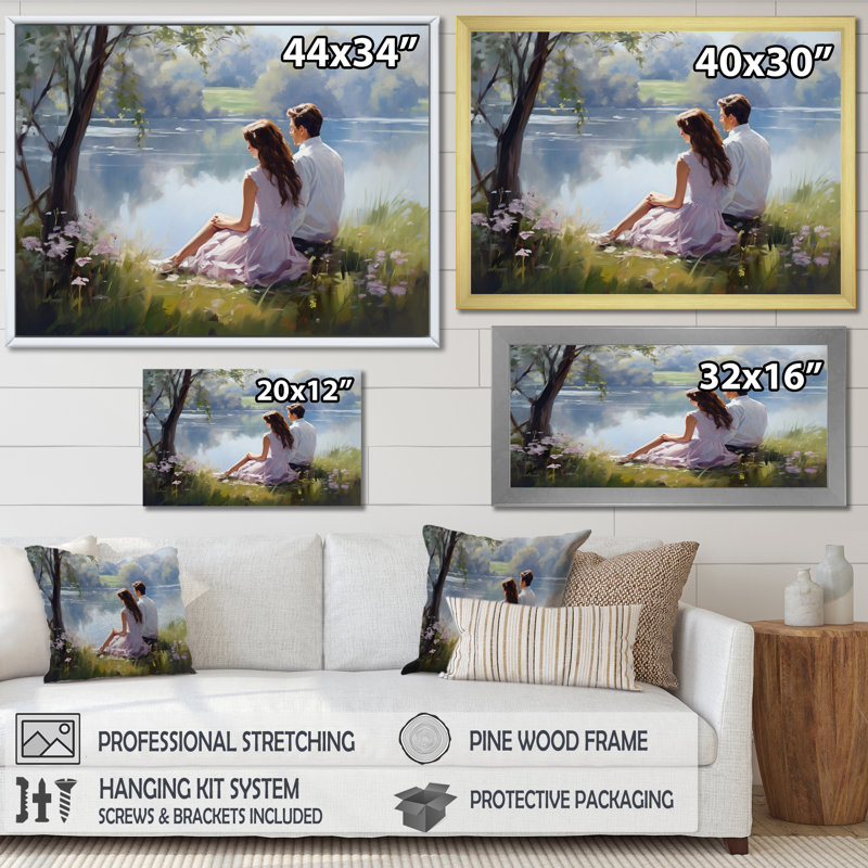 Romantic Couple Landscape Serenity I - Romantic Landscape Canvas Art Print, H 24 po x l 32 po x P 1 po, Cadre simple blanc