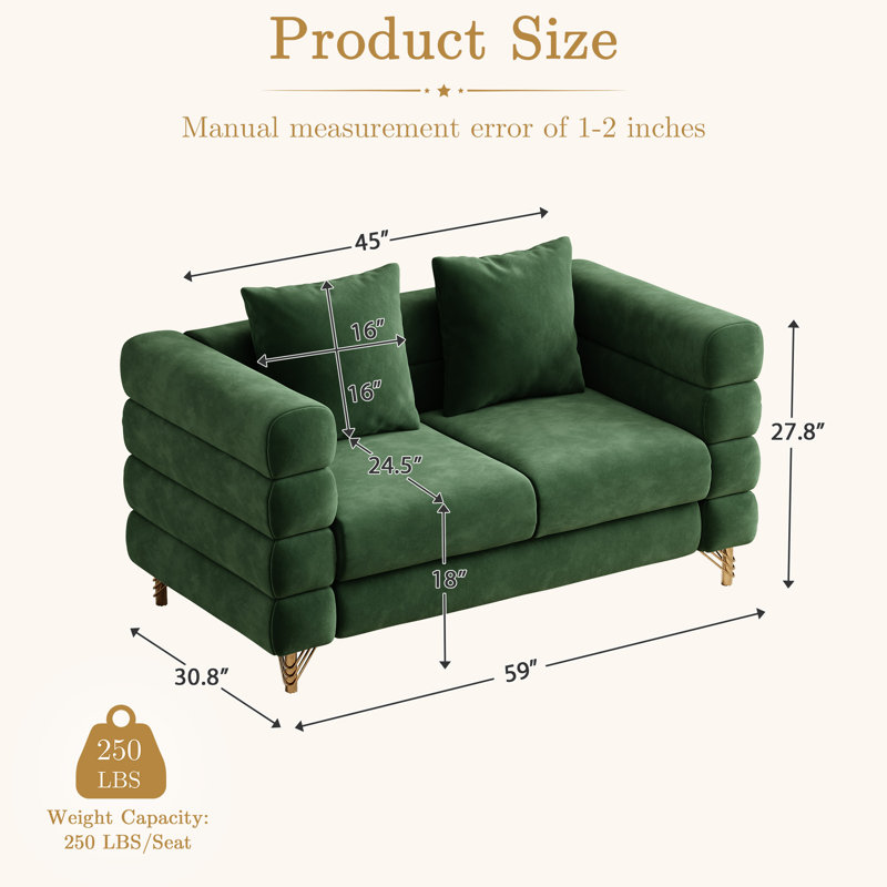 Causeuse en velours 58 po avec pattes dorées 58 po Modern , Velours vert