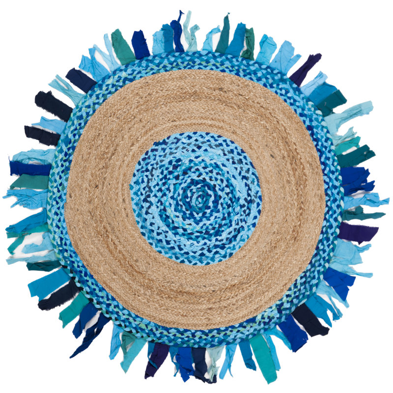 Yousef Hand Woven Cotton/Jute Rug in Turquoise/Natural, Round 3'