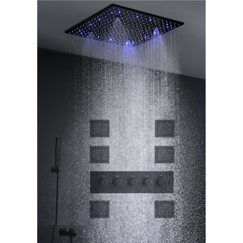 Élégant système de douche en nickel brossé avec douchette à main et pomme de douche à effet pluie