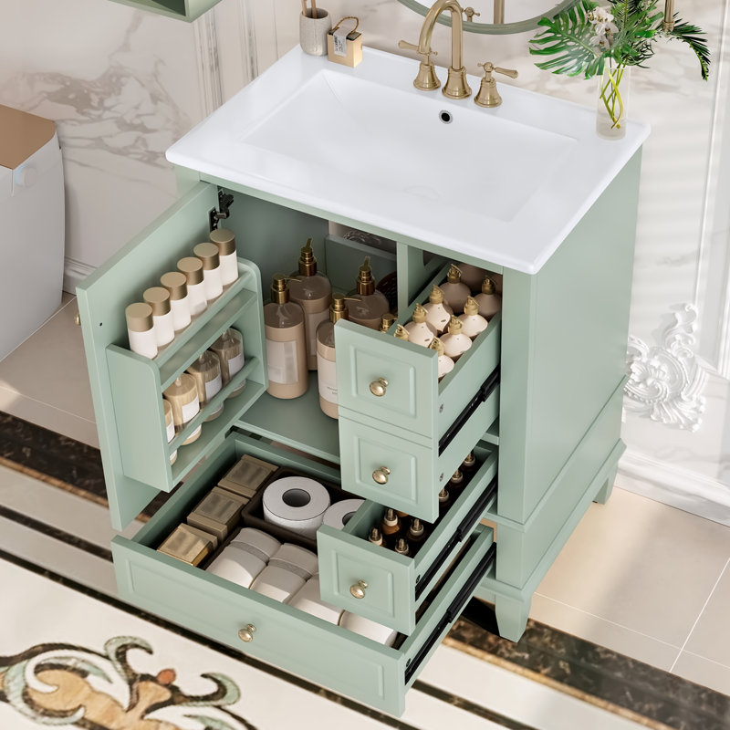 Bathroom Vanity With Ceramic Sink Top, MDF And Solid Wood Base, Modern Sink Cabinet For Small Bathrooms, Light Green, 24"