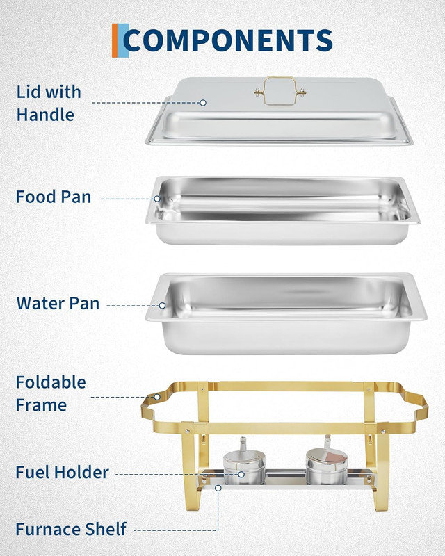 Ensemble de 2 chauffe-plats en acier inoxydable doré avec cadre