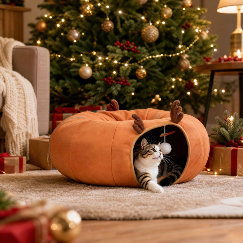 Décorations de Noël, jouet interactif pliable et détachable pour chats, accessoire de jeu durable pour chats d'intérieur, tube d'exercice pour chats pendant les fêtes