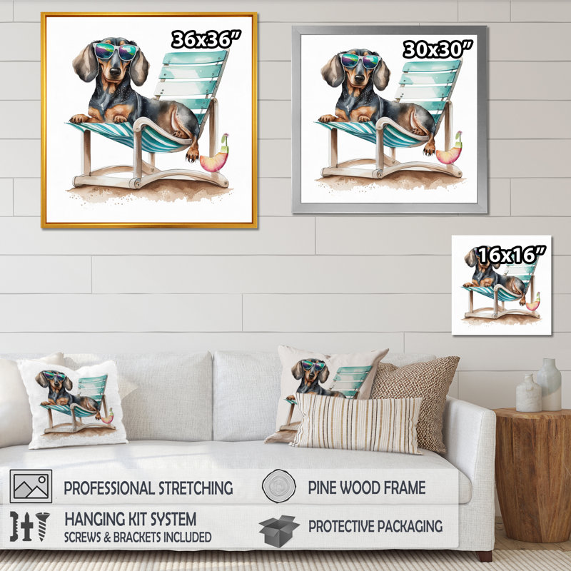 Chien couché sur une chaise à la plage I - reproduction sur toile, L 16 po x H 16 po, Toile tendue