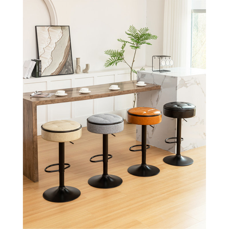 Adjustable Height Swivel Bar Stool With Hidden Storage And Linen Seat, Versatile For Various Rooms, Khaki