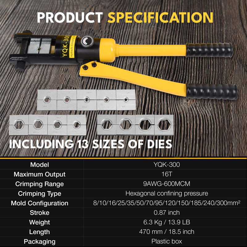 16T Hydraulic Lug Electrical Terminal Crimper Tool With 9 AWG To 600 MCM Battery