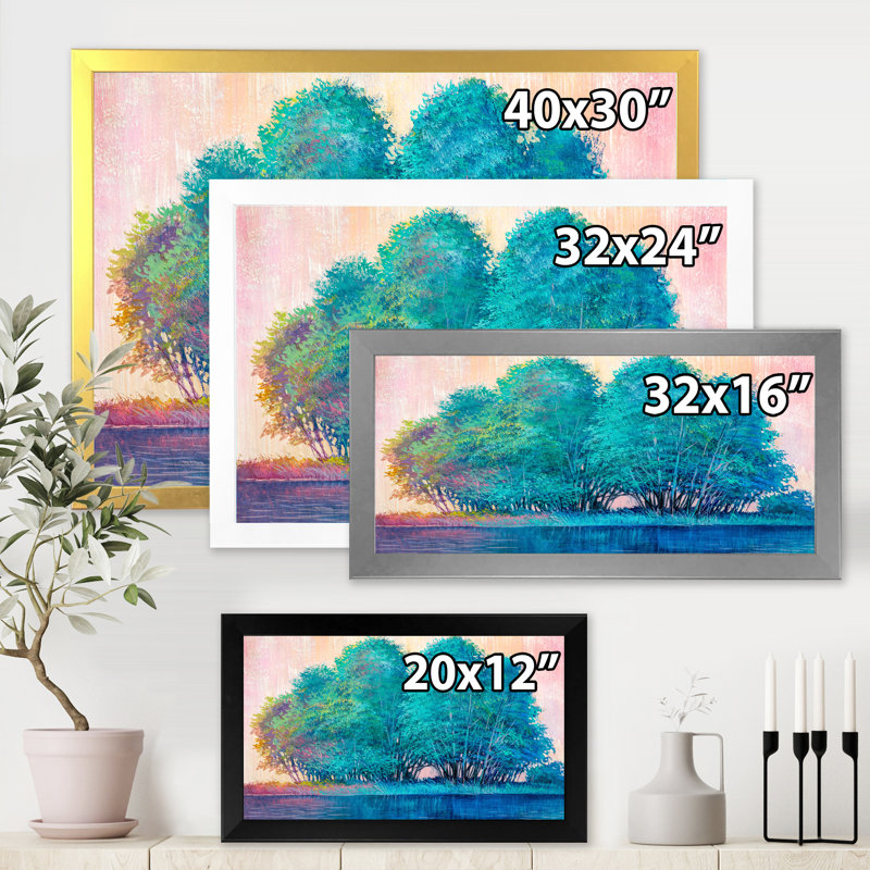 «Blue Colored Tree Impression II», peinture sur toile, Cadre noir, H 12 po x l 20 po x p 1 po