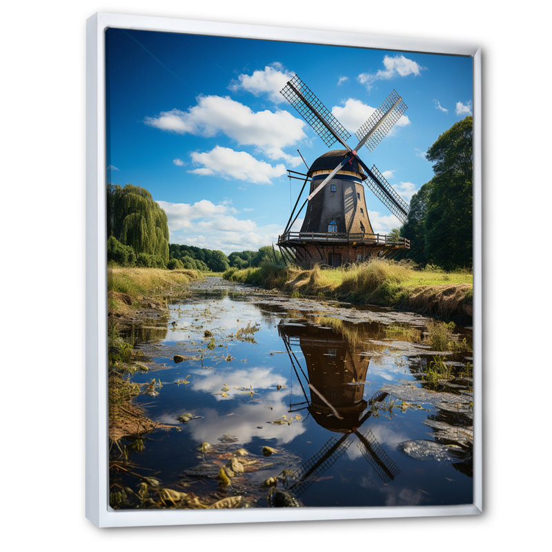 Uchida Holland Windmill Reflections I - reproduction sur toile, H 40 po x l 30 po x P 1,5 po, Cadre flottant blanc