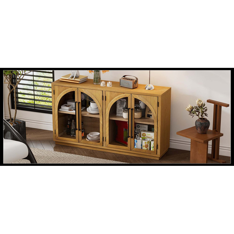 Grande armoire-buffet à 4 portes avec portes vitrées, armoire arquée avec tablettes réglables pour la cuisine, la salle à manger et le salon (bois naturel)