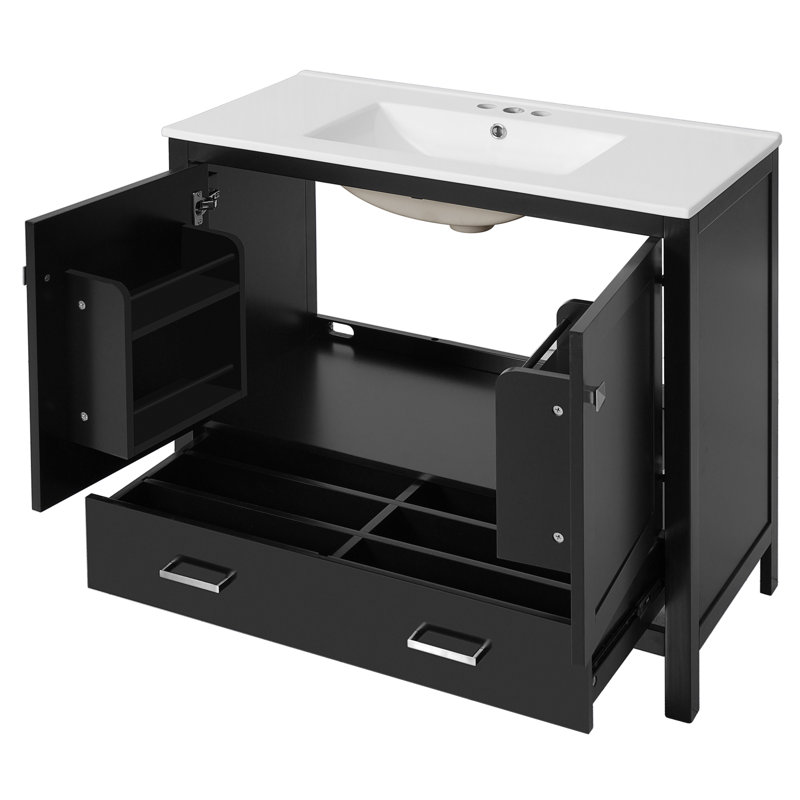 Meuble-lavabo de salle de bain avec lavabo en céramique, portes à fermeture en douceur, tablettes de rangement doubles et tiroir divisé pour un rangement de salle de bain spacieux et organisé