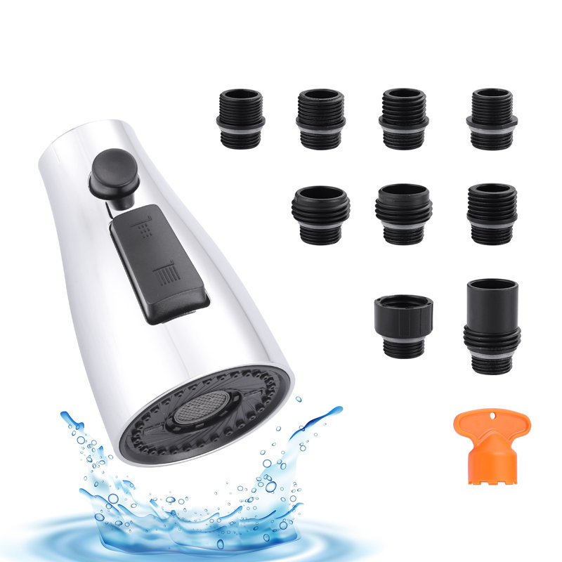 Tête de douchette extractible 3 fonctions pour robinet de cuisine avec 9 adaptateurs, Chrome poli