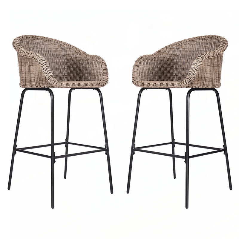 Outdoor Metal Wicker Barstool, Faux Wicker, Set of 2, All-in-One Design, Ideal for Modern and Rustic Settings