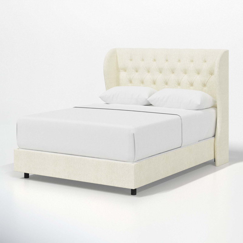 Lit tapissier capitonné standard à profil bas Tomey, Reine, Tweed Sustain® toile Milsap