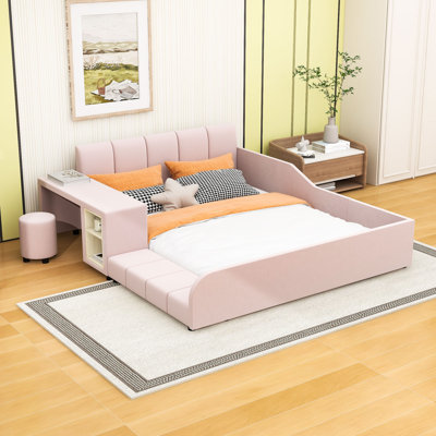 Luxurious Velvet Upholstered Platform Bed with Desk, Round Stool and Safety Rails