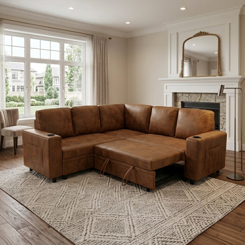 Canapé modulaire en similicuir caramel avec canapé-lit et porte-gobelets Symmetry, Polyester brun pâle