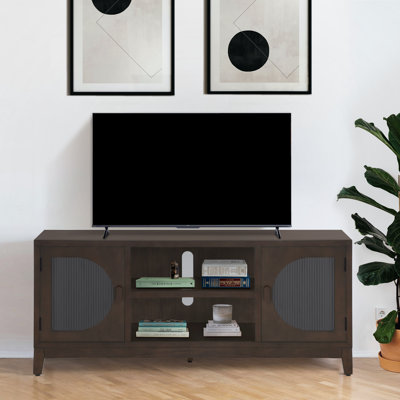 Meuble télé moderne pour téléviseur 65 po, meuble audio-vidéo avec porte en bois d'hévéa massif et verre