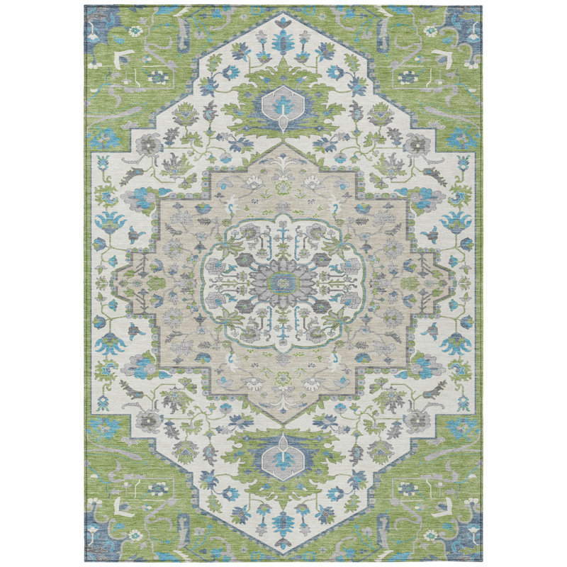 3' X 5' Artichoke Green Blue And Ivory Oriental Washable Indoor Outdoor Area Rug